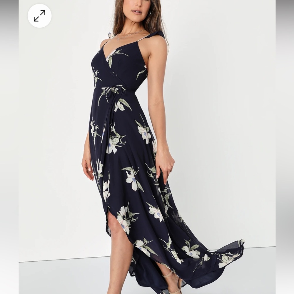 Lulus All Mine Navy Blue Floral Print High-Low Wrap Dress SZ S